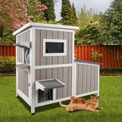 36.1" L Outdoor Cat House,2 Story Wooden Outdoor Cat Shelter with 3 Escape Doors,Weatherproof Fir Wood Feral Cat House with 2 Big Rest Rooms & Openabl