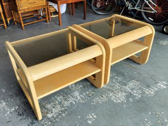 Pair of Mid-Century Solid Oak Smoked Glass Top End Side Tables With Shelf.  Mint Condition.  Style of Lou Hodges.