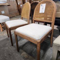 Panama 18.5" Curved Cane Rattan Side Dining Chair, Set of 2, Ivory White Bouclé, And Black