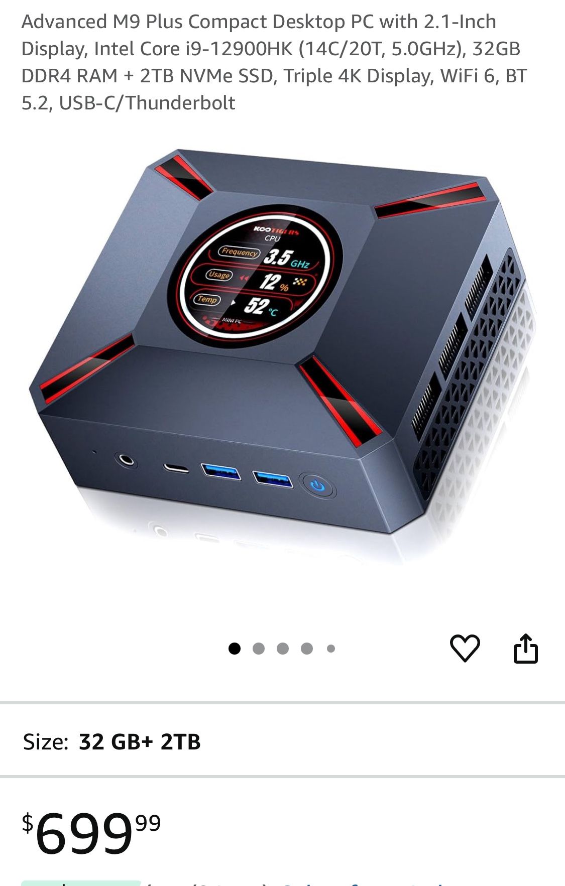 Advanced M9 Plus Compact Desktop PC with 2.1-Inch Display, Intel Core i9-12900HK (14C/20T, 5.0GHz), 32GB DDR4 RAM + 2TB NVMe SSD, Triple 4K Display, W