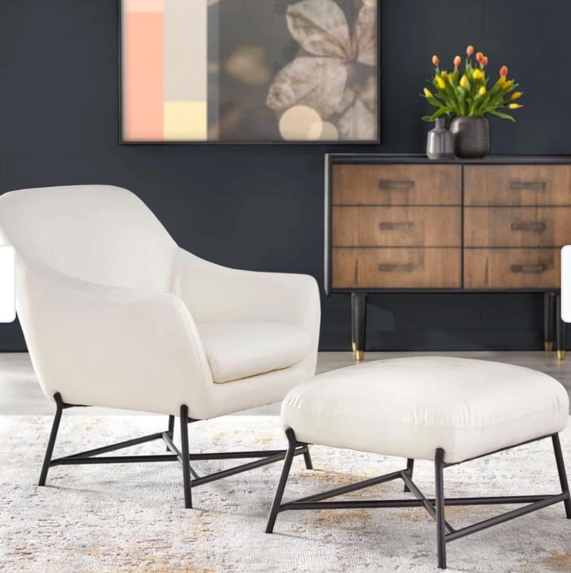 New White Mid Century Modern Accent Chair with Ottoman