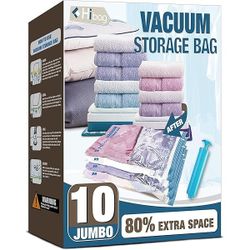 HIBAG Vacuum Storage Bags, 10 Jumbo Space Saver Vacuum Seal Bags, Space Bags, Vacuum Sealer Bags for Clothes, Comforters, Blankets, Bedding (10J)