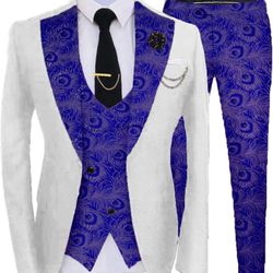 Mens Slim Fit Jacquard Royal Blue Tuxedo Suit, 3XL *BRAND NEW*