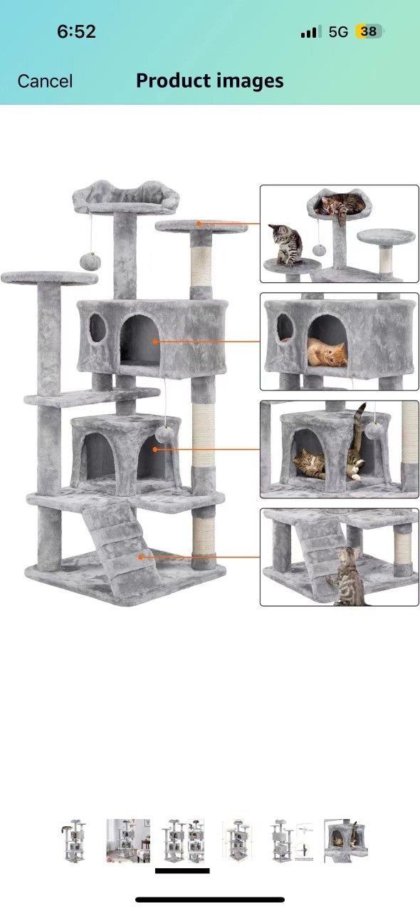54in Cat Tree Cat Tower w/Scratching Posts, Double Condos and Dangling Balls Kittens Pet House Play, Light Gray