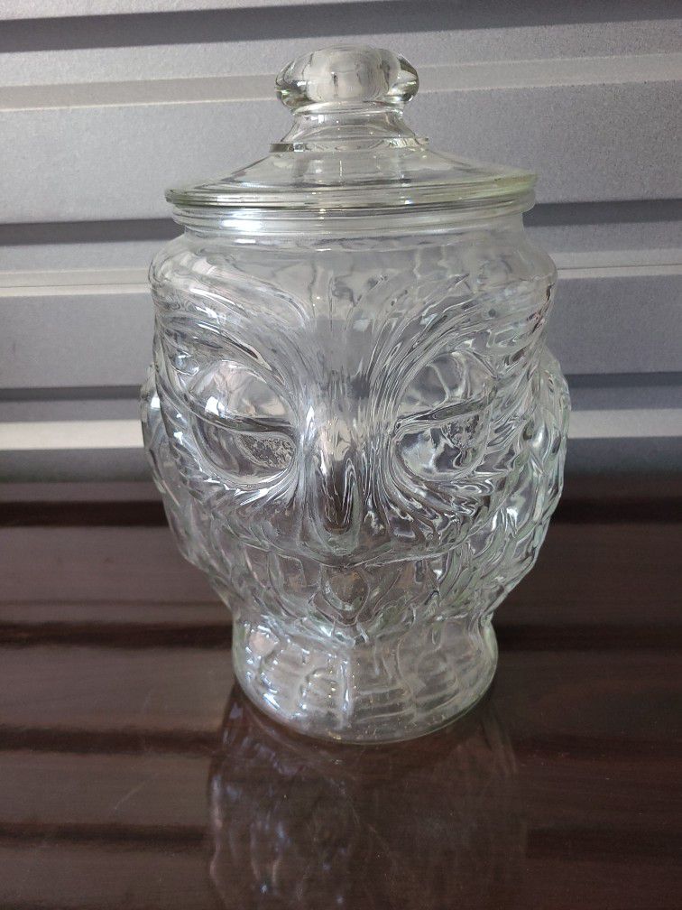 Vintage HUGE 13" Libbey Clear Glass Owl Cookie Biscuit Jar Excellent