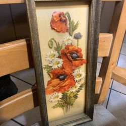 Vintage Wooden Poppy/Daisy Framed Lithograph 
