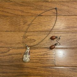 Costume Jewelry 14” Necklace, Multicolor Stone, Brown Cord, Brown Bead Earrings