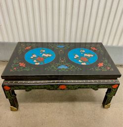 MCM 1950’s  Asian black/ gold lacquer w/ cloisonné enameled painted medallions coffee table