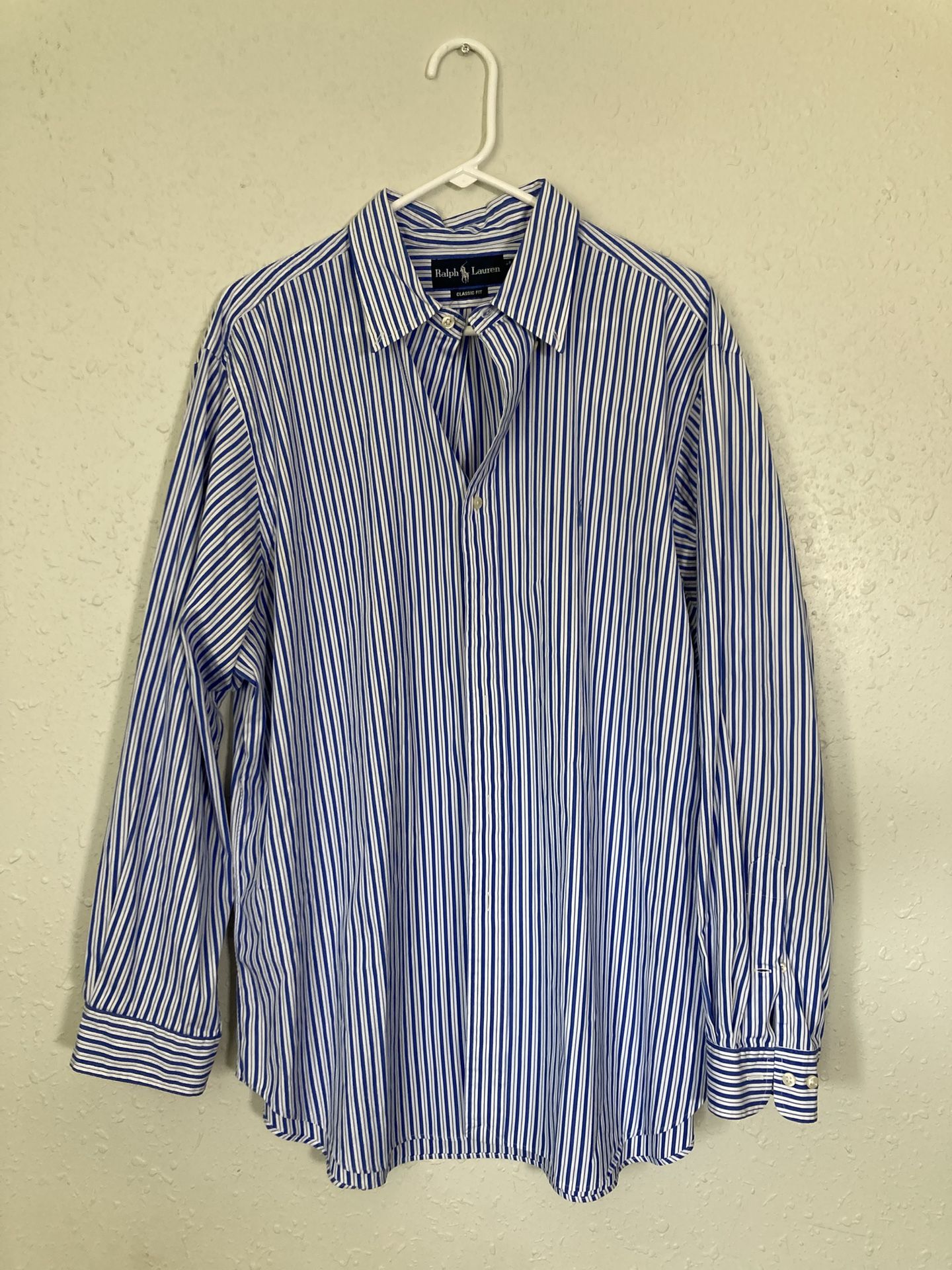 Ralph Lauren Men's Dress Shirt Blue Striped, Classic Fit, Polo, XL