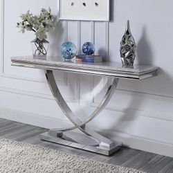 WHITE FAUX MARBLE TOP CHROME STAINLESS STEEL HALLWAY CONSOLE ACCENT TABLE