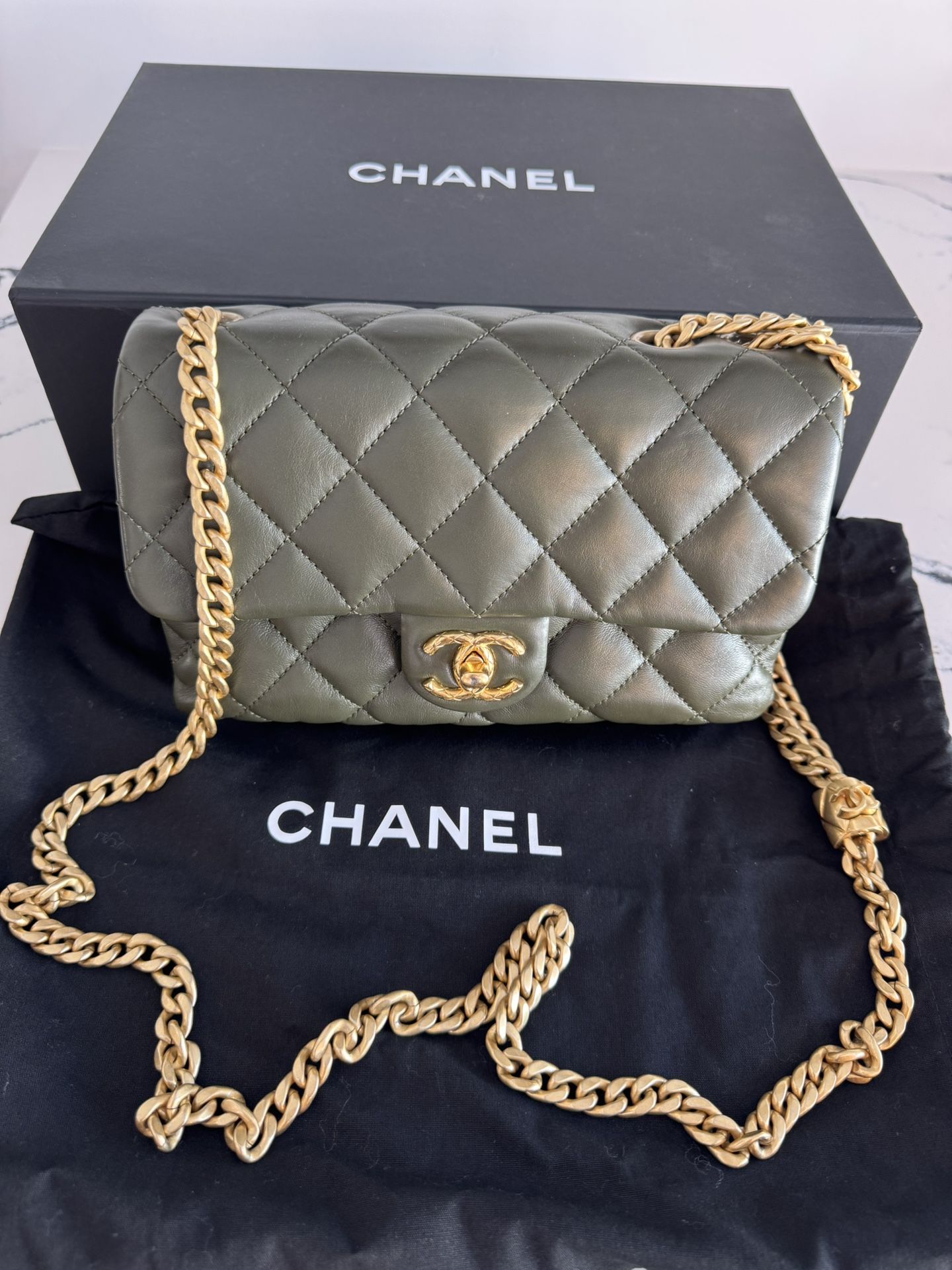 Chanel Olive Green Lamb Skin Quilted Small Flap Bag