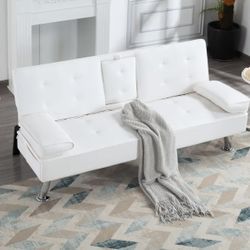 Brand New 67” PU Leather Sofa Bed with 3 adjustable positions and 2 cup holders- Black and White