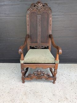 Antique Carved Wood High Back Armchair with Cane Back