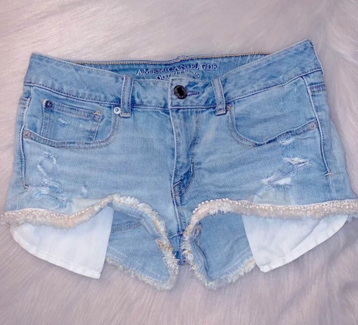 American Eagle Outfitters Light Wash Factory Distressed Fringe Denim Shorts