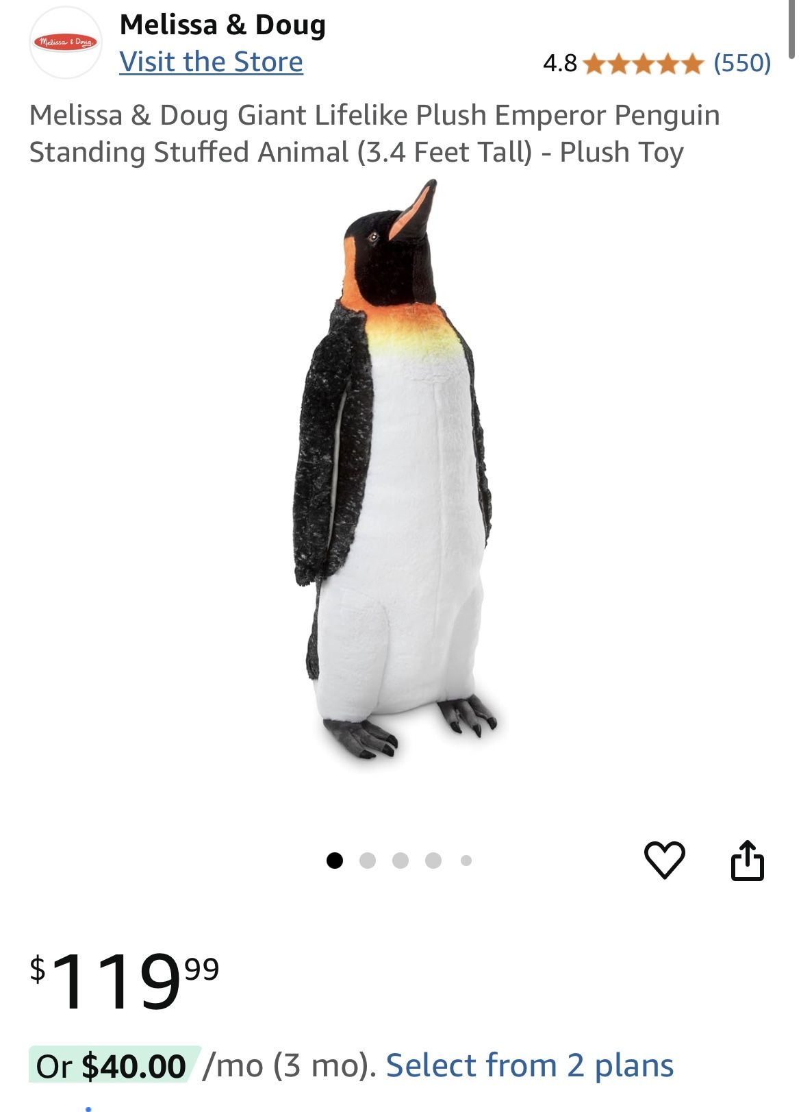 Melissa & Doug Life Sized Emperor Penguin Plush Animal Retails $120