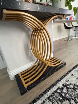 Gold Metal Console Table with Black Marble Top