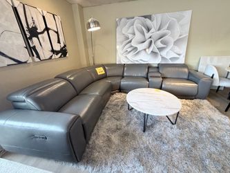 Gray Leather Power Reclining Sectional Sofa