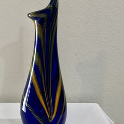 Vintage Cobalt Blue And Yellow Handcrafted Art Glass Vase