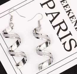Long Silver Swirl Sparkling Ribbon Dangle Drop Earrings