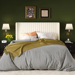 Queen Size Velvet Bed Frame/Vertical Channel Tufted Wingback Headboard/Upholstered Platform Bed/Strong Wooden Slats/No Box Spring Needed/Easy Assembly