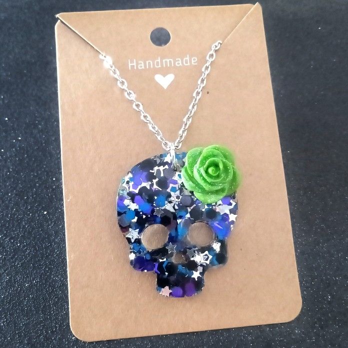 Skull multicolor glitter necklace with green flower new purple blue black silver stars