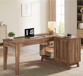XK00749 57" L-Shaped Corner Desk, Wood Computer Desk Study Writing Table with Cabinet