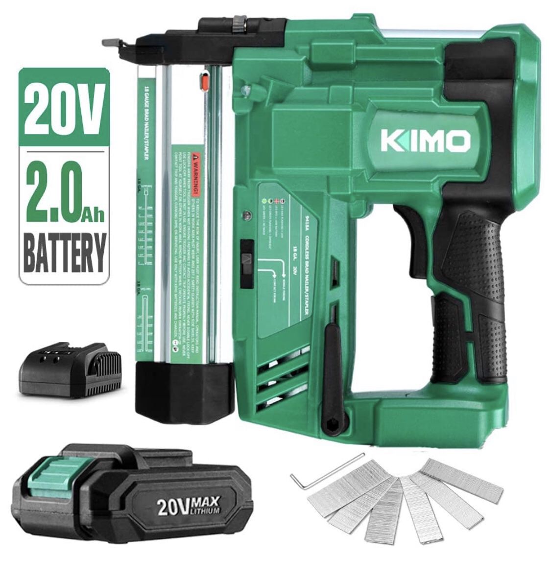 KIMO 20V 18 Gauge Cordless Brad Nailer/Stapler Kit, 2 in 1 Cordless Nail/Staple Gun w/Lithium-Ion Battery&Fast Charger, 18GA Nails/Staples, Single or