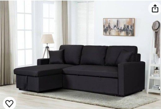 Black  Reversible Sectional Sofa Pull- Out Bed With Storage  Brand New 