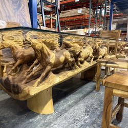 50% OFF LISTED PRICE! Solid Wood  Horse Herd Dining Table Hand Carved With Glass Top 