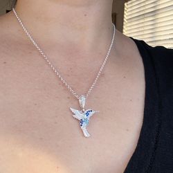 Plata 925 Cadenita Delgada Con Colibrí Azul Nuevo.