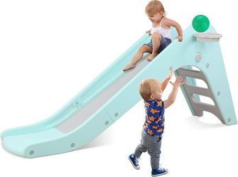 C58 $50  Indoor Slide, Foldable Baby Climber Playset with Basketball & Hoop 63 in Extra Long Slope, Non-Slip Steps, Sturdy Plastic, Outdoor Playground