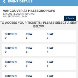 Hillsboro Hops 4 Tickets JUL 12