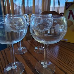 Princess House Heritage Balloon Wine Glasses 6.5 set/4 etched Crystal handblown