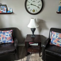 Leather Arm Chairs And End Table With Lamp