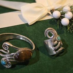 Beautiful Silver Plus Gemstone Cuff Bracelet & Ring. 