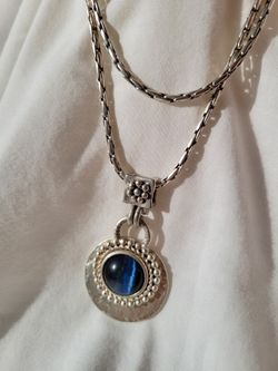Costume Jewelry 32.75" Silver Plated Pendant Blue Tiger Eye Long Necklace 