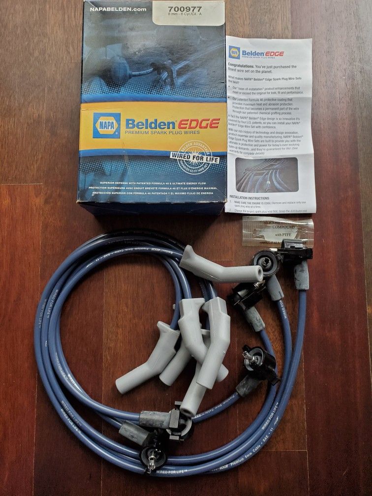 Napa Belden Edge Premium spark plug wire set #700977.
8 mm - 6 cylinder/Cilindros A. New in Box with Instructions
*** Cash 💸 only. Front Door pick-up