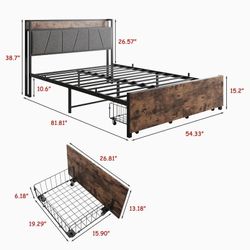 King Size Bed Frame, Storage Headboard with Charging Station and 2 Storage Drawers,Vintage Brown and Gray