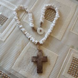 White Beaded Necklace With Brown Cross Boho Surfer 