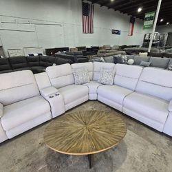 Modern Ivory Power Reclining Sectional  3 Recliners, USB, In Stock!