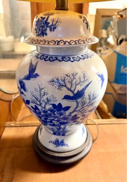 Blue & White Ceramic Ginger Jar Lamp – Birds & Flowers