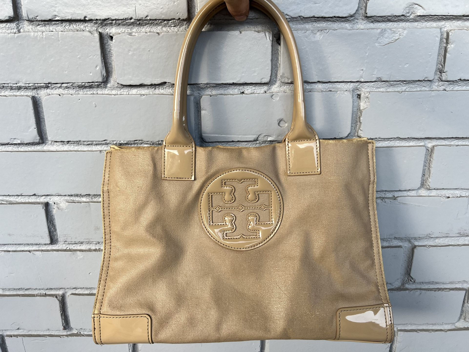 Tory Burch Canvas Tote Bag – Beige with Patent Leather Trim – Classic Logo