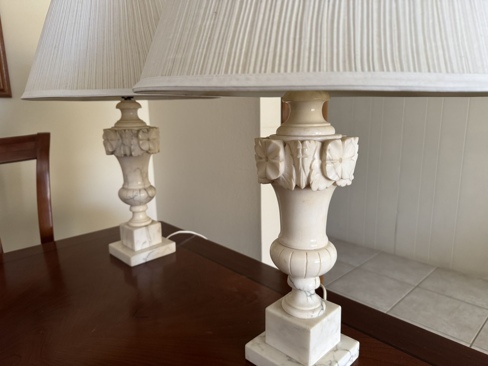 Antique Italian Carved Marble Lamps Pair