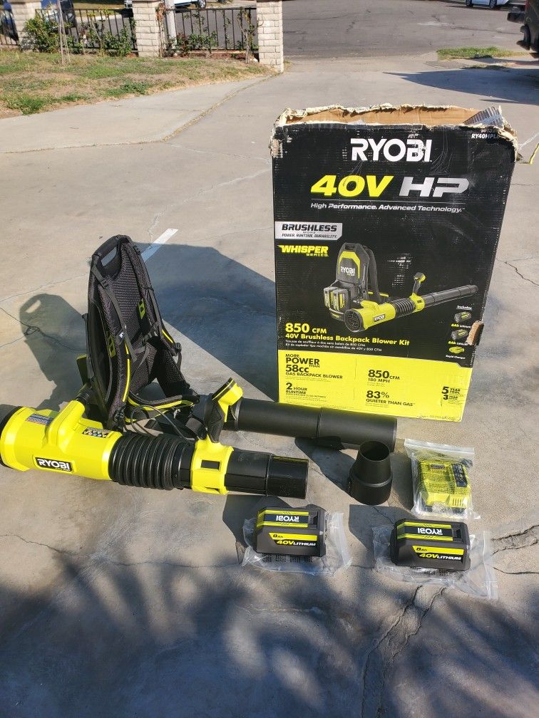 RYOBI
40V HP Brushless Whisper Series 180 MPH 850 CFM  Backpack Leaf Blower 2 battery 8ah n charger