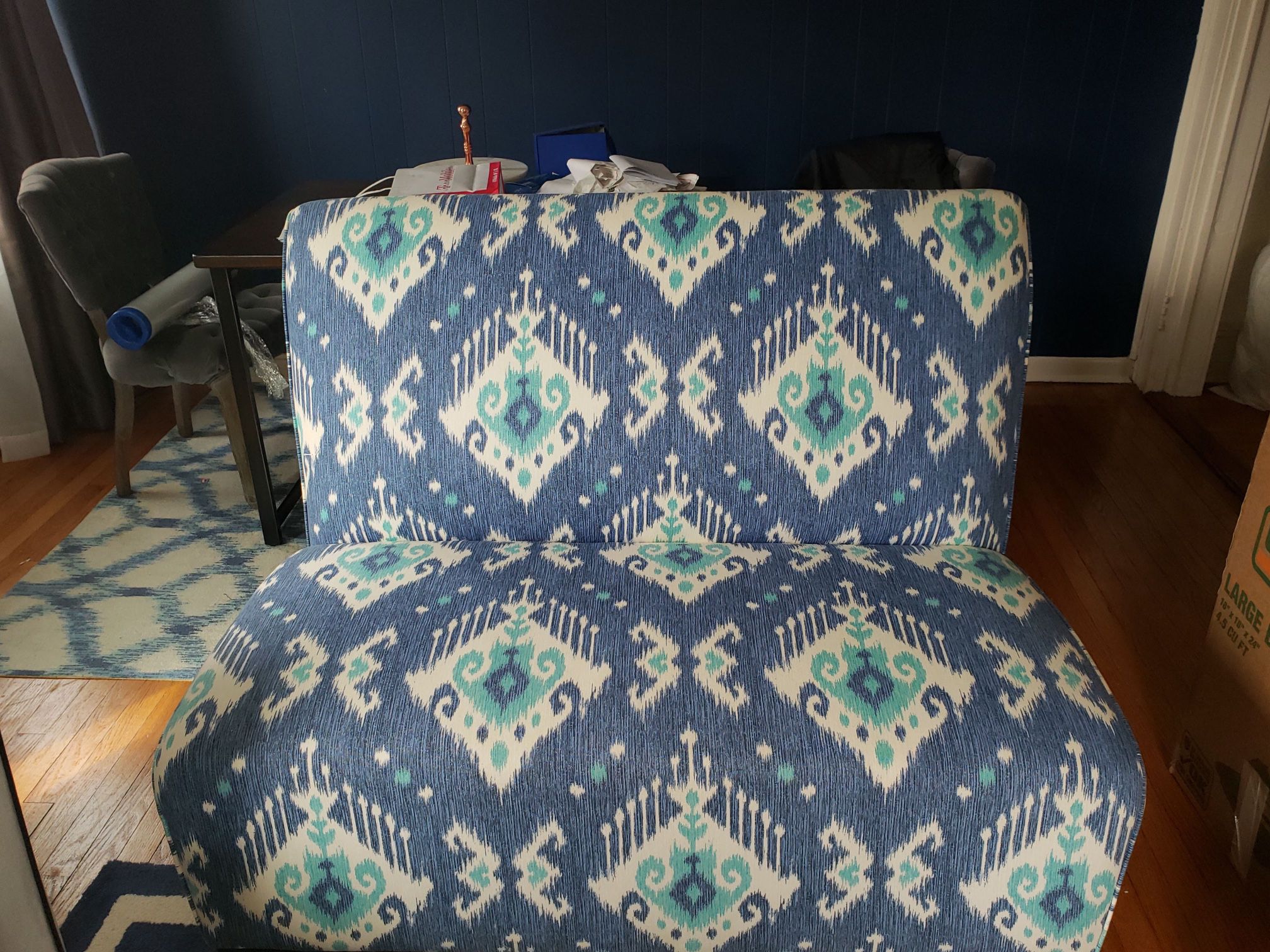 Blue Ikat Armless Settee/Sofa/Loveseat/Banquette/Couch