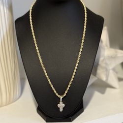 Diamond Cross 14k Yellow Gold Rope Chain Necklace 