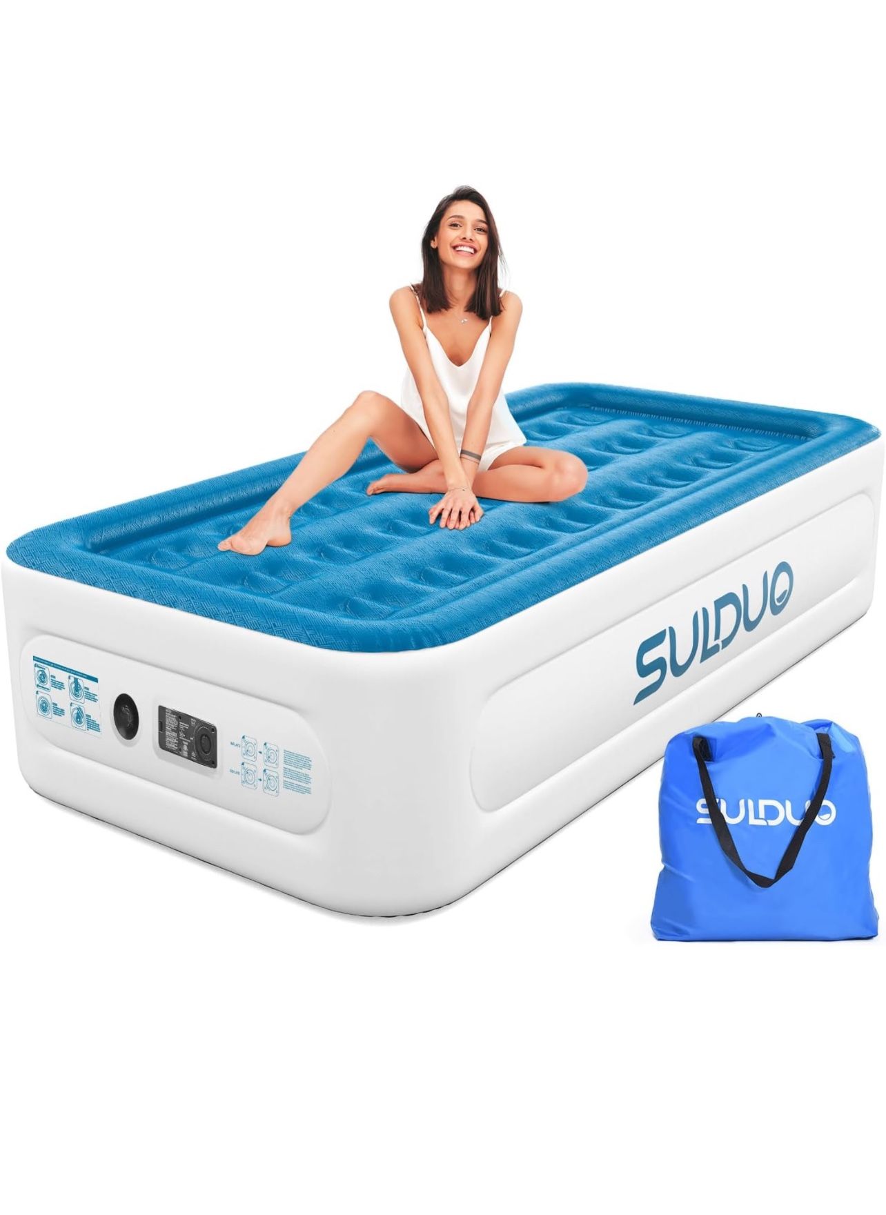 SULDUO Twin Air Mattress with Built in Pump Raised Bed, 18'' High Single Blow Up Mattress, Durable Self Inflating Air Bed with Flocked Top and Carry B