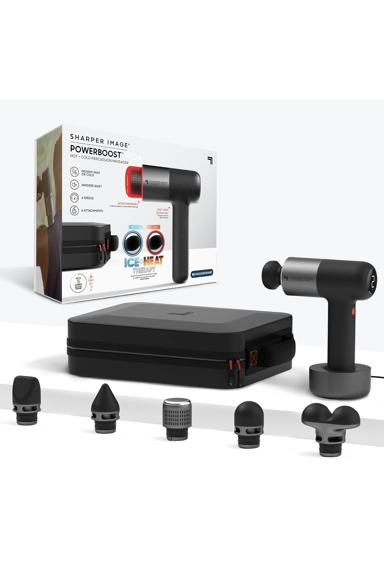 Sharper Image® Powerboost® Pro+ Hot & Cold Deep Tissue Massage Gun - 6 Speeds, 6 Attachments, 5-Hour Battery, Travel Case, Charging Base, Shoulder & B