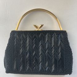 Vintage Black Beaded Evening Purse with Goldtone Handle. Hand Made in Hong Kong