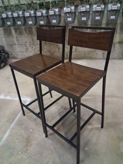 Industrial Wood and Metal Bar Stools – Set of 2